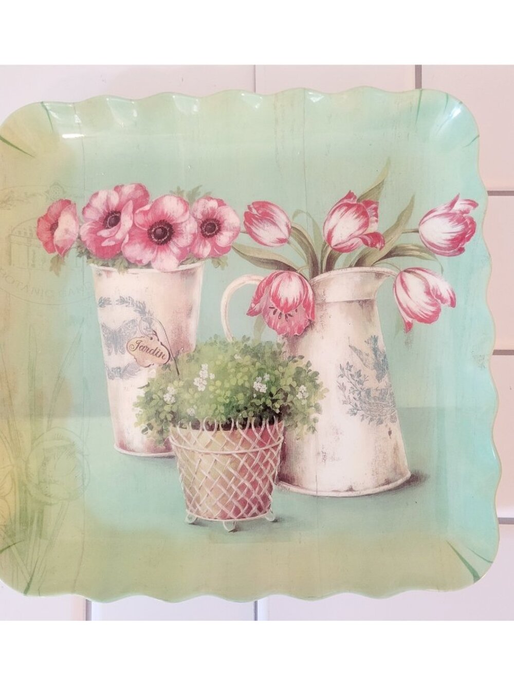 Floral Melamine Plate Platter Botanical Garden Shabby Chic Green and Pink Square